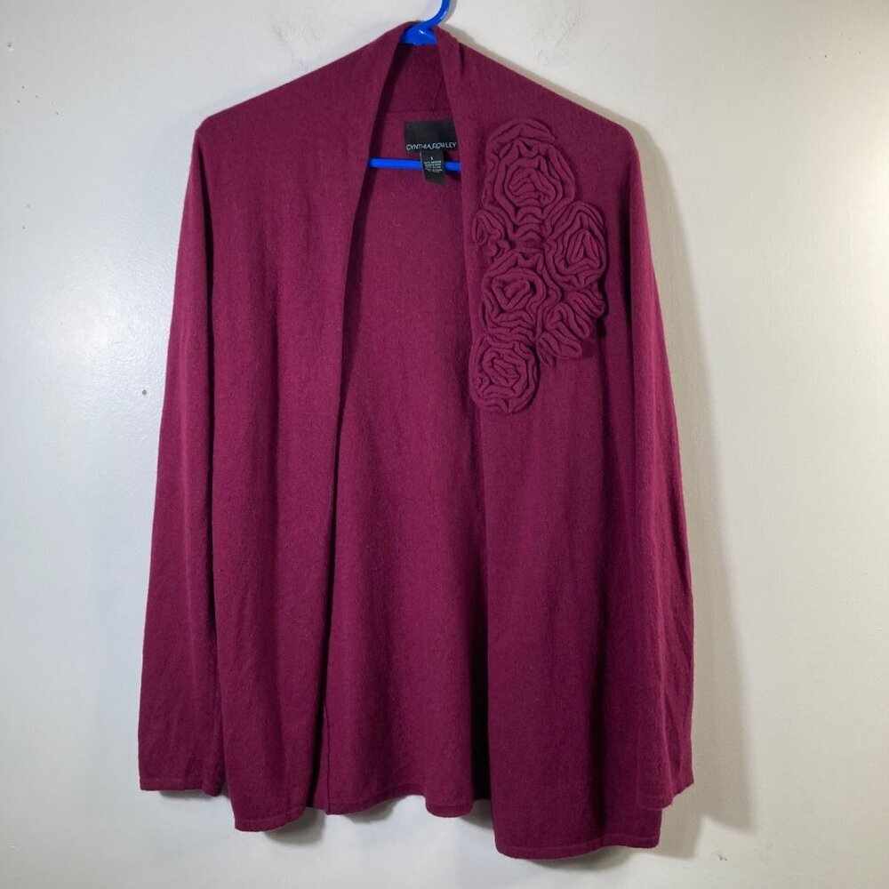 Womens Cynthia Rowley Angora‎ Blend Cardigan Raised Floral Design L Burgundy